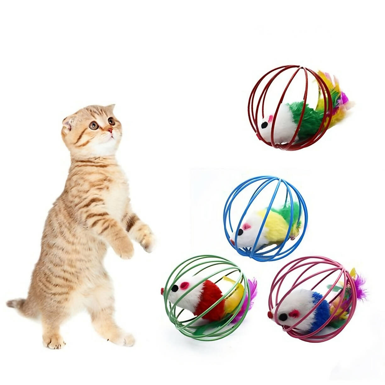 لعبة مسلية للقطط والحيوانات الاليفة مكونة من دمية فار في قفص دائري