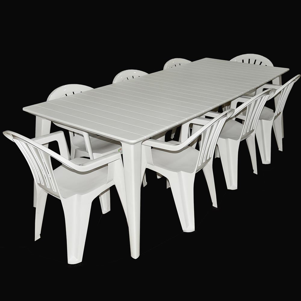 جلسة خارجية  صناعة هولندية من طاولة و 8كراسي بذراعين مقاوم لأشعة الشمس- لون ابيض (عرض خاص)