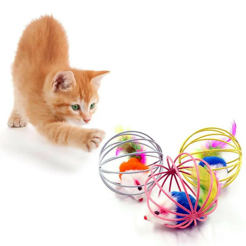 لعبة مسلية للقطط والحيوانات الاليفة مكونة من دمية فار في قفص دائري