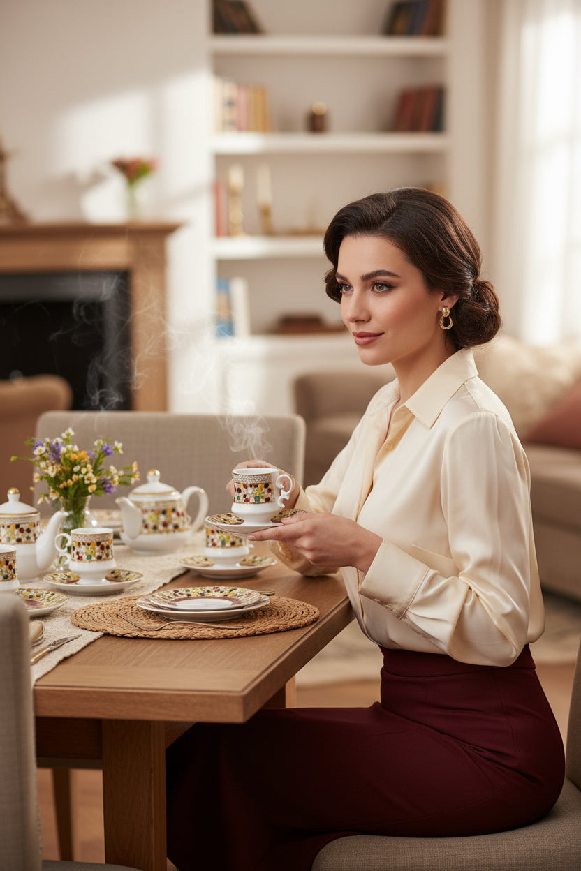 طقم اكواب سيراميك مع صحون  من الاسطورة 12 قطعة 100مل - أنية المنزل