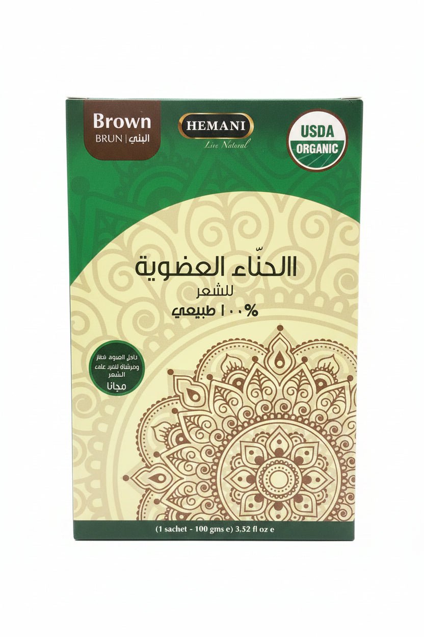الحناء العضوية للشعر من هيماني لون بني طبيعية مئة بالمئة وحاصلة على شهادة يوسدا العضوية حجم 100 جرام