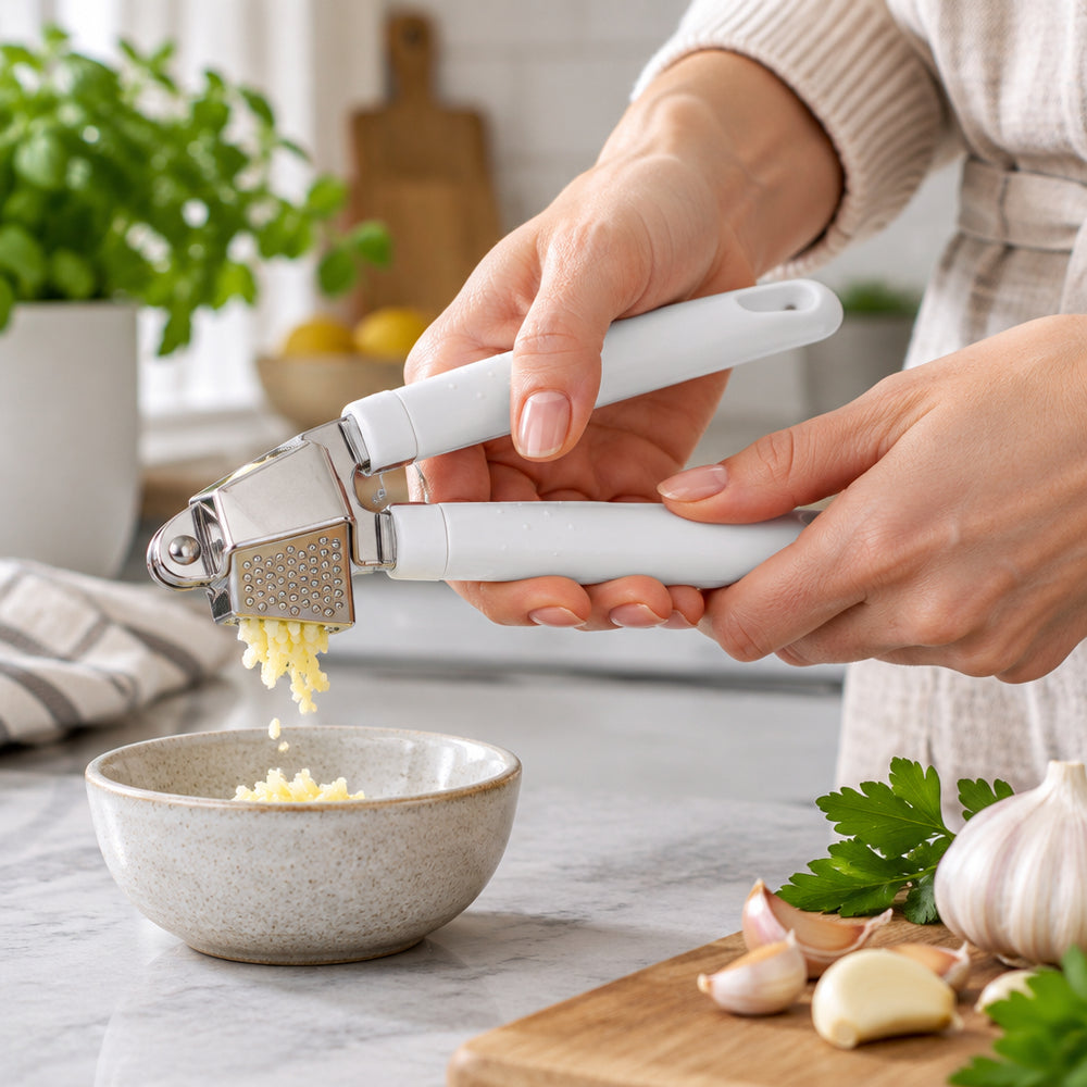 Stainless steel garlic press with plastic handle