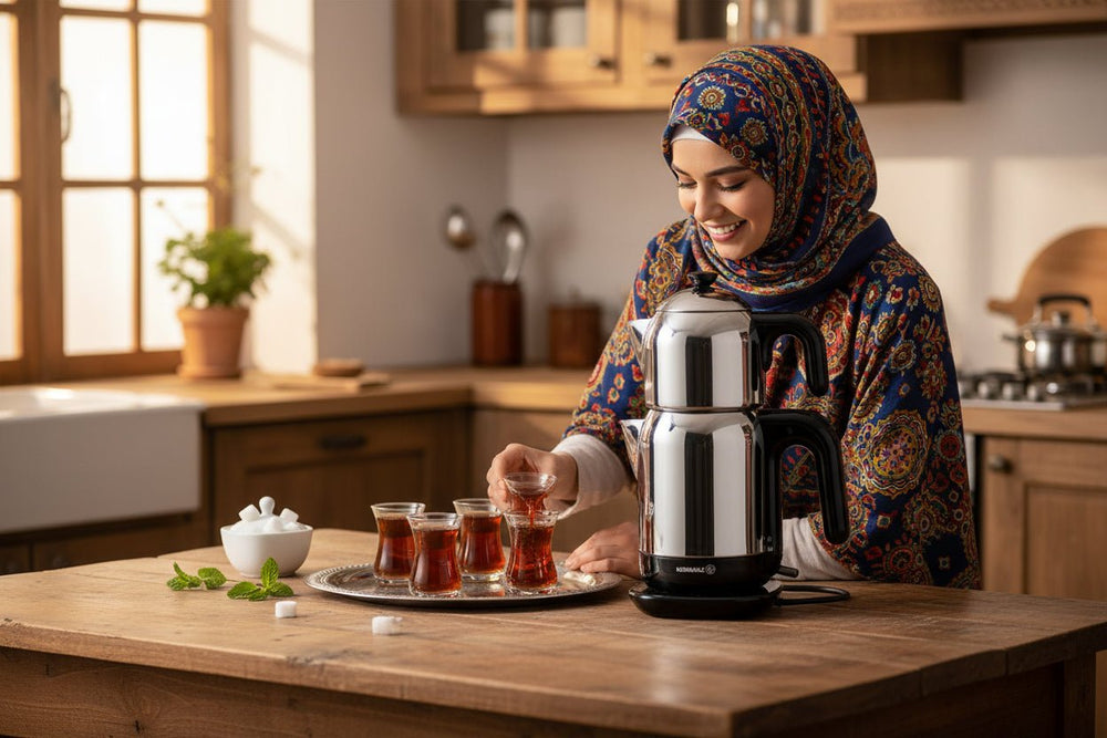 سماور طقم شاي كوركماز ديمتيز  – أسود، ستانلس استيل.
