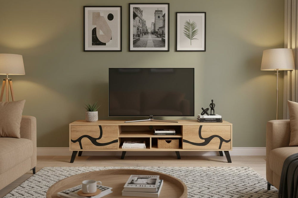 طاولة تلفزيون العصرية الماليزية بتصميم مميز  لون بيج واسود من الخشب المضغوط 160×40×45 سم