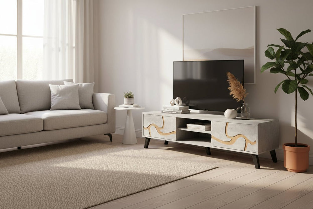 طاولة تلفزيون العصرية الماليزية بتصميم أنيق وعملي رمادي فاتح من الخشب المضغوط 160×40×45 سم