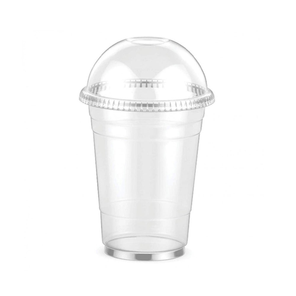 Set of plastic cold drink cups with round lids