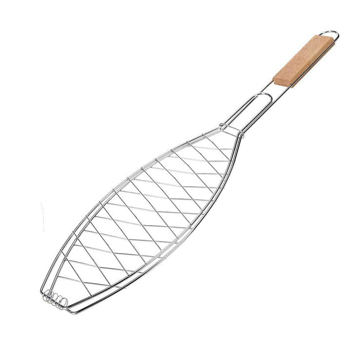 شباك شواية سمك، لون فضي مقبض خشبي13*55سم - أنية المنزل