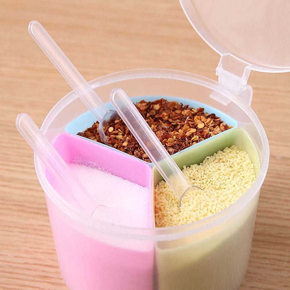 Clear plastic spice box with 3 sections