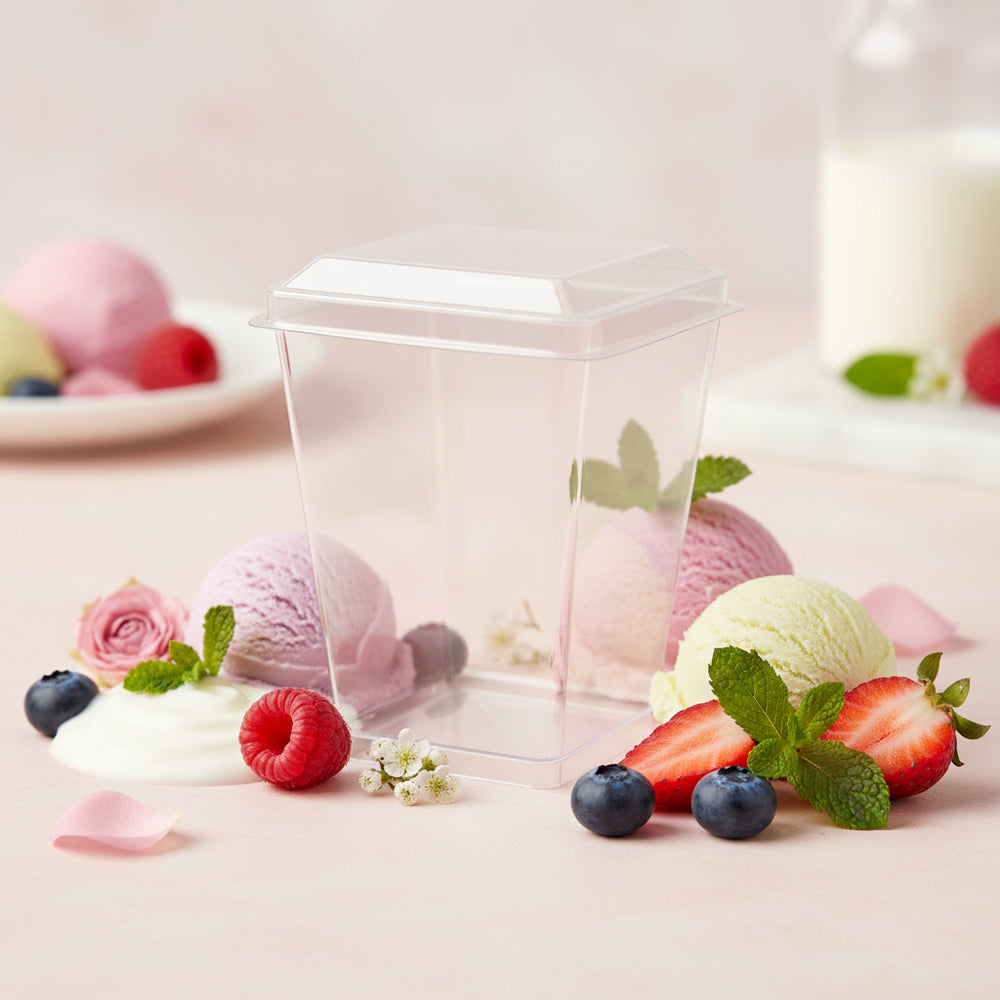 Set of 12 clear plastic dessert cups with lids