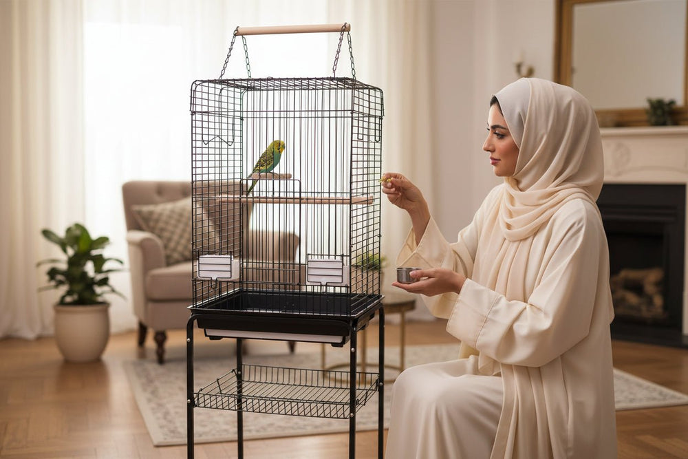 حامل مع قفص طيور معدني مقاس كبير