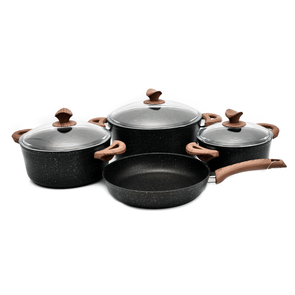 طقم أدوات طهي  من ريبون مصنوع من الجرانيت  ومقابض من البولي كربون مكون من 7 قطع28-24-20-26سم - أنية المنزل