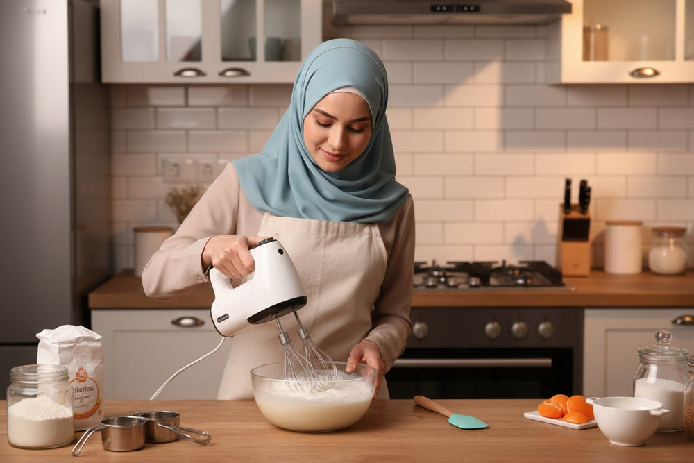 خلاط يدوي كهربائي مع مضرب بيض وحامل – 3 سرعات، فولاذ مقاوم للصدأ، لون أبيض
