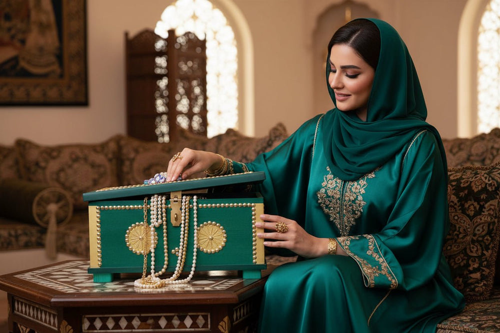 صندوق يدوي فاخر خشبي مزخرف بالمسامير النحاسية أخضر 36×24×20سم