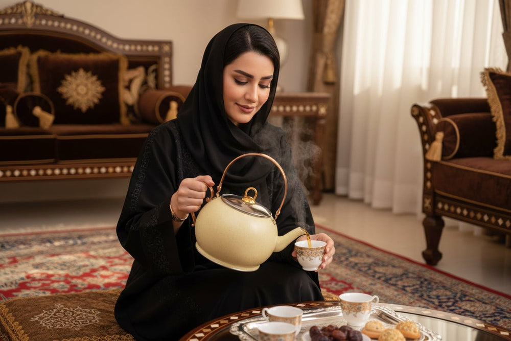 إبريق شاي جرانيت أنيق 1.2 لتر لون بيج منقّط بلمسات ذهبية
