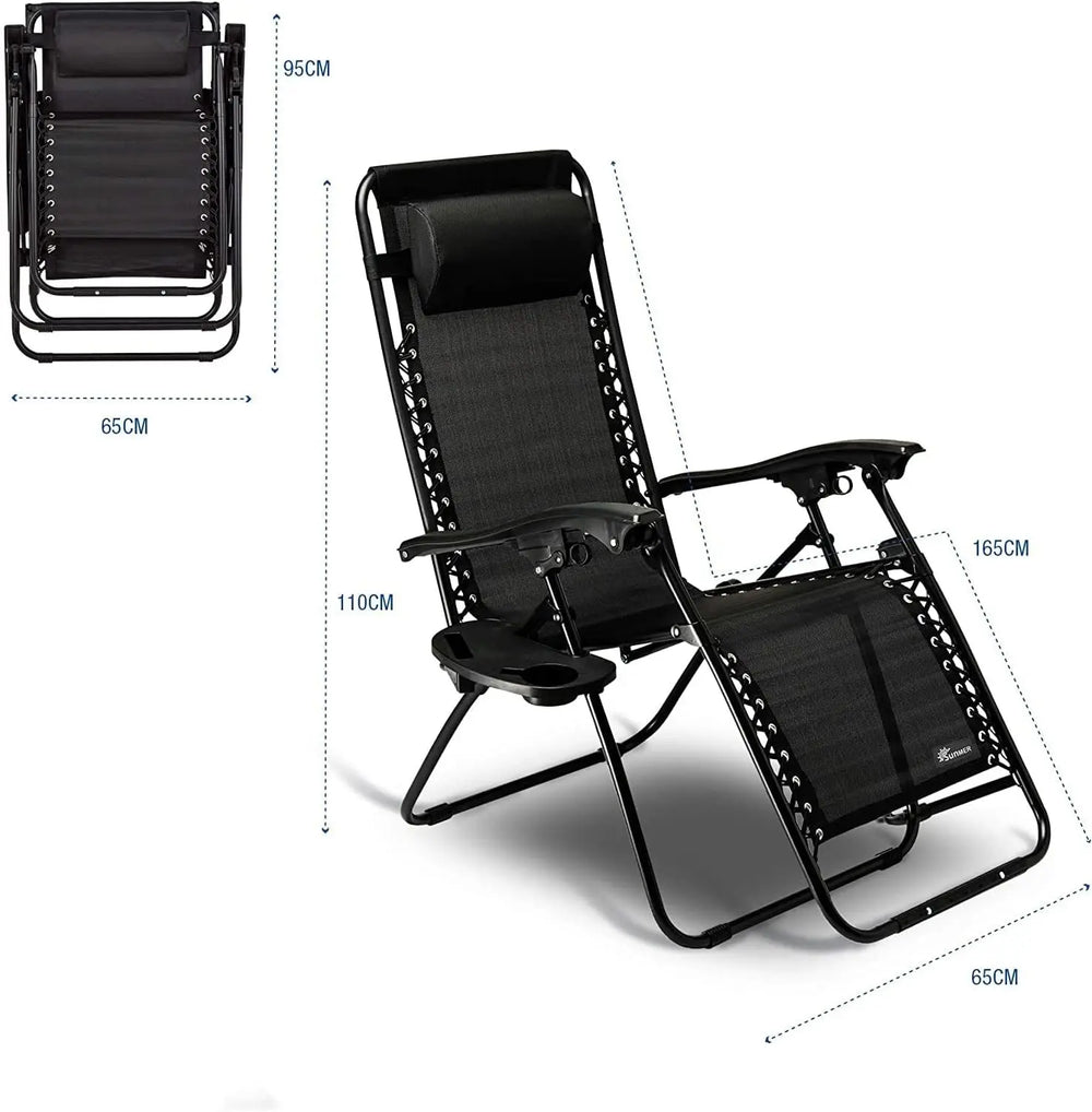 Folding Outdoor Lounge Chair with Cushions and Cup Holder, Black.