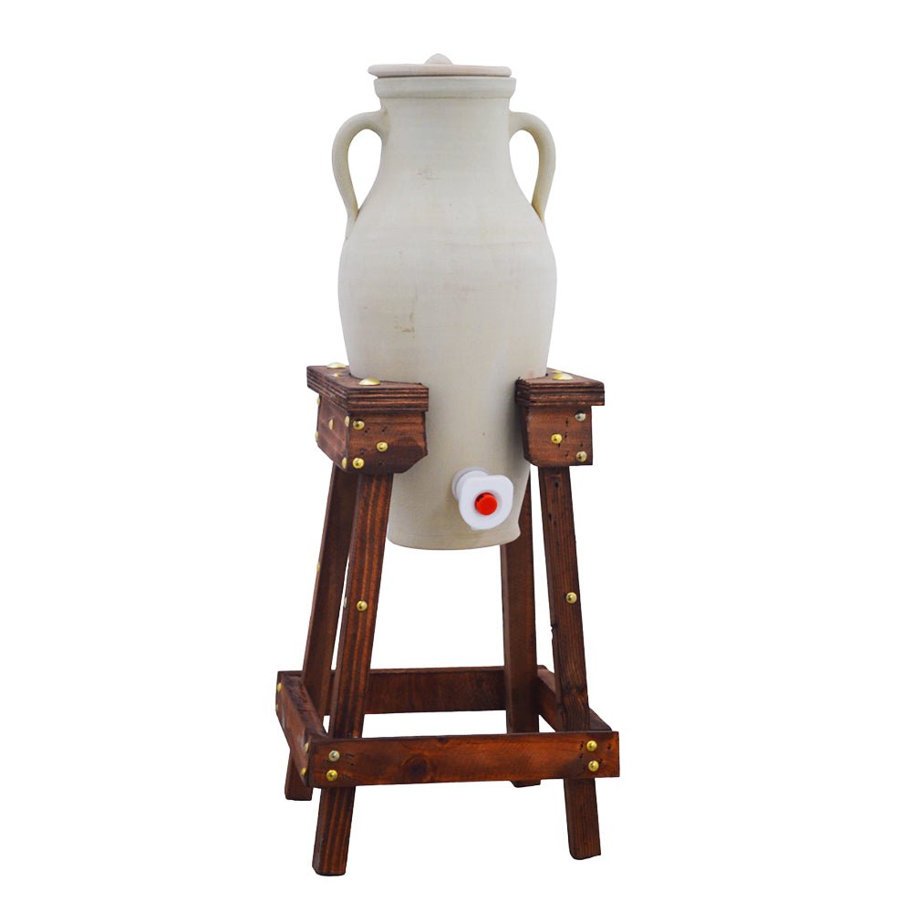 Natural clay water jug with wooden base