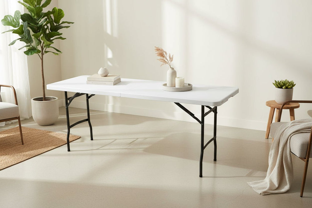 طاولة  مستطيلة بلاستيك ارجل معدن قويةقابلة للطي بلاستيك  181×45×74سم ابيض