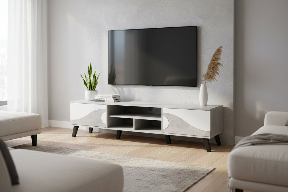 طاولة تلفزيون عصرية ماليزية درجين من الخشب المضغوط 180×40×45 سم رمادي وابيض