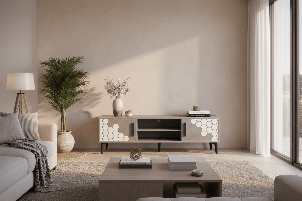طاولة تلفزيون عصرية ماليزية درجين من الخشب المضغوط 160×40×45 سم رصاصي وابيض