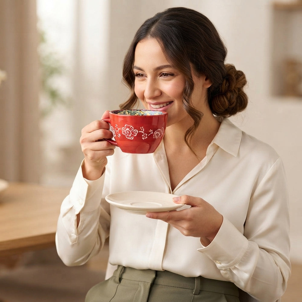 كوب قهوة وسحور خزفي مرسوم يدويا بتصميم بوهيمي