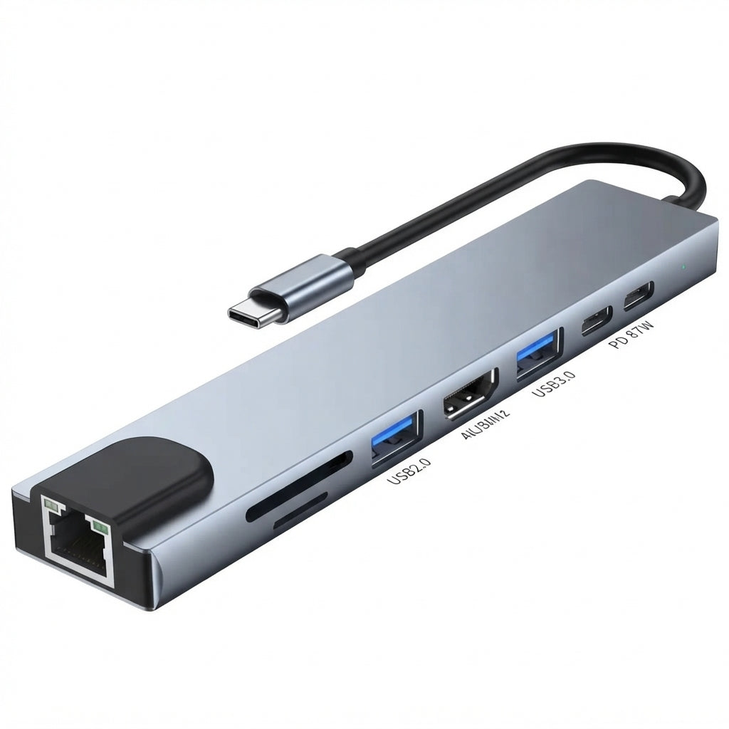 محول USB C Hub متعدد المنافذ 8 في 1 مع HDMI وRJ45 وقارئ بطاقات وشحن PD