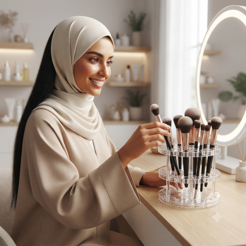 حامل أكريليك دوار لتنظيم فرش المكياج وأدوات التجميل