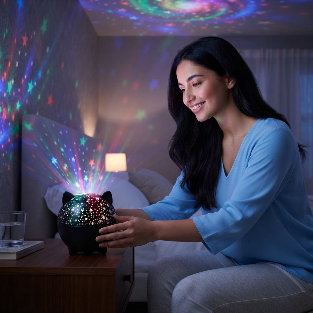 مصباح عرض ليلي LED بإضاءة RGB وإسقاط مجرة ونجوم وقمر