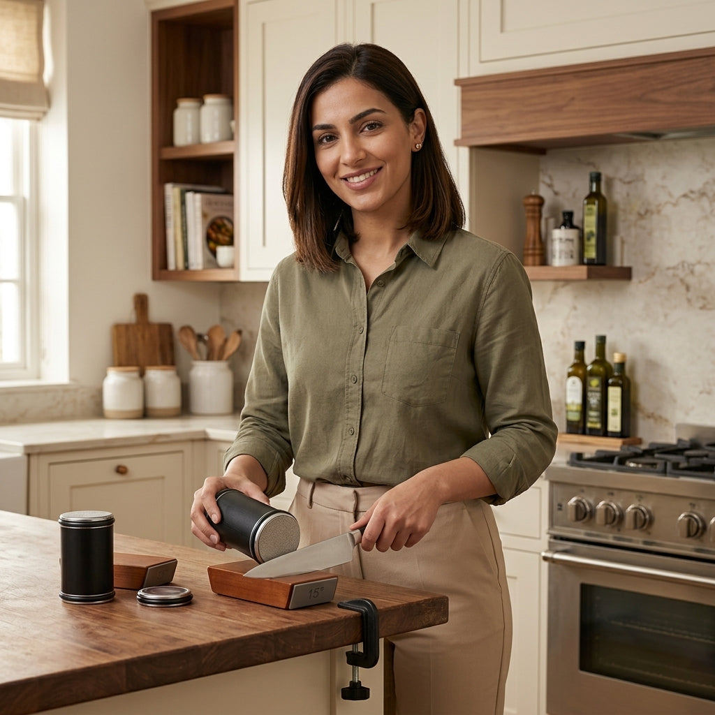 مبراة سكاكين دوارة مع حامل مغناطيسي وأقراص شحذ ماسية بزاويتي 15 و20 درجة