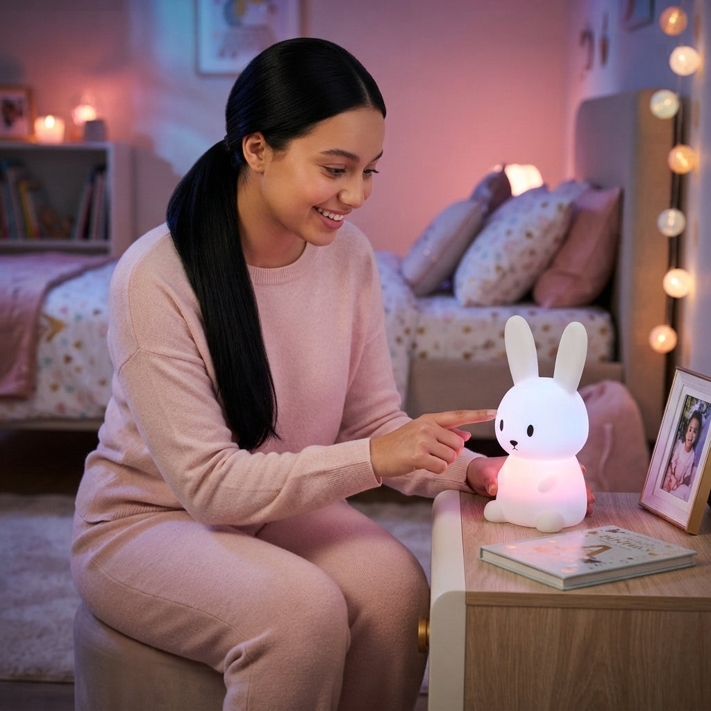 مصباح ليلي LED على شكل أرنب من السيليكون بالتحكم باللمس وإضاءة 7 ألوان