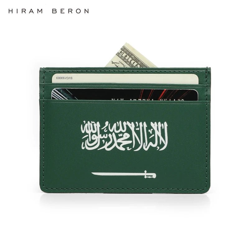 حافظة بطاقات من الجلد الإيطالي الأخضر مع علم السعودية – منتج فاخر