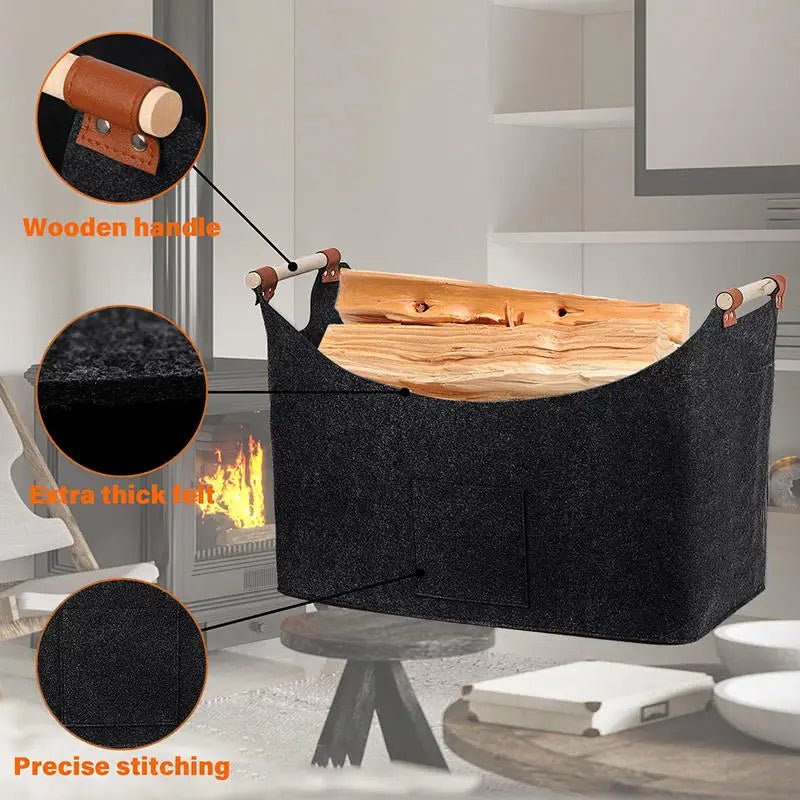 Sturdy felt firewood basket in a modern design with a pocket and handles