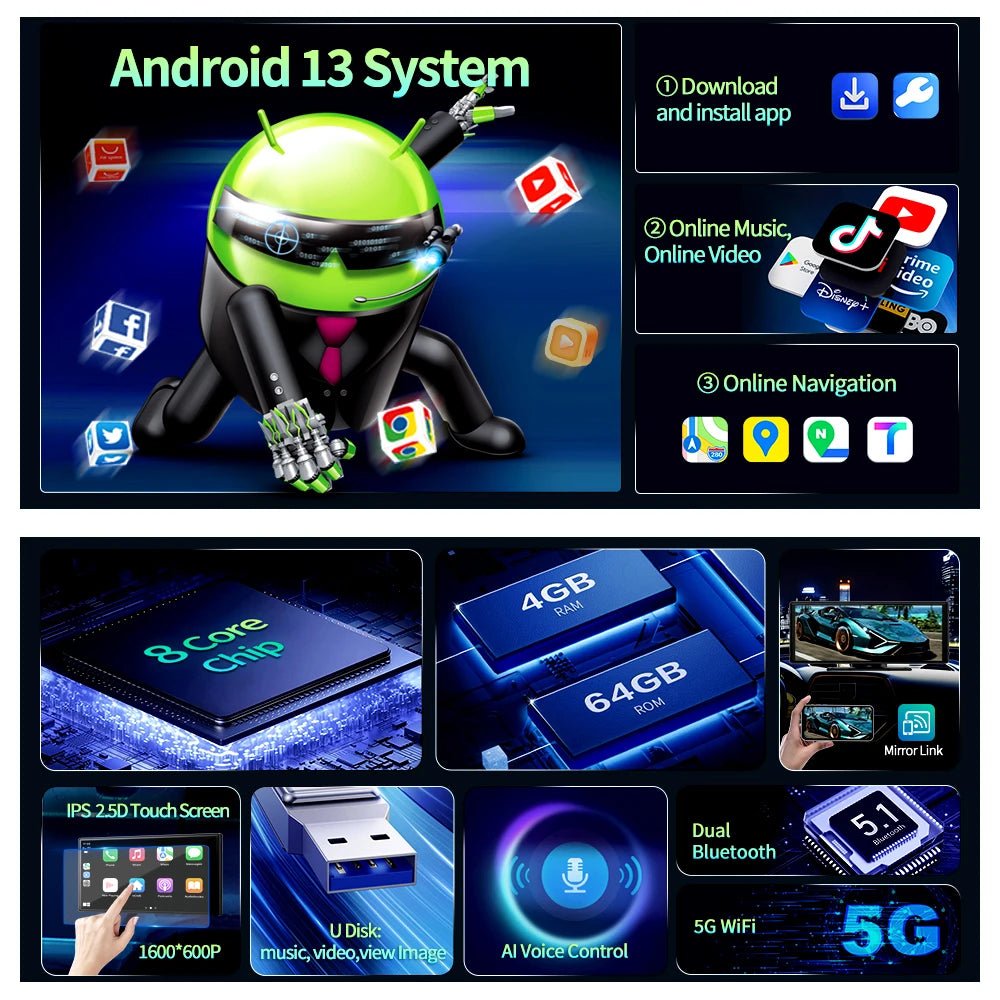 كاميرا داش كام أندرويد 13 مع - DVR للسيارة مع GPS وبلوتوث