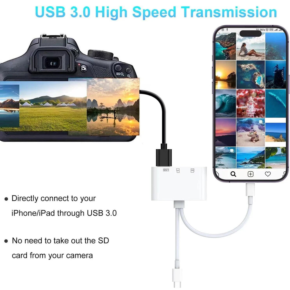 Lightning/Type C إلى USB 3.0/SD/TF وصلة تايب سي قارئ بطاقات