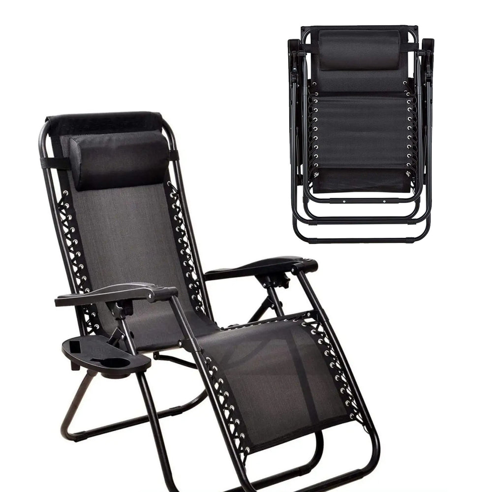 Folding Outdoor Lounge Chair with Cushions and Cup Holder, Black.
