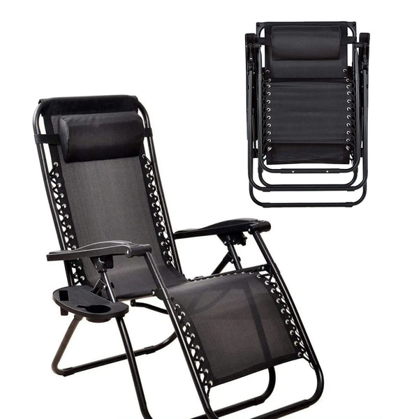 كرسي استرخاء خارجي قابل للطي مع وسائد وحامل أكواب، أسود.