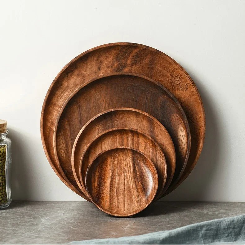 طقم صحون تقديم ياباني وكوري من خشب الأكاسيا - صحن دائري بتصميم عصري