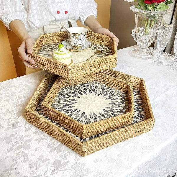 صينية سداسية من خشب الراتان متعددة الاستخدام