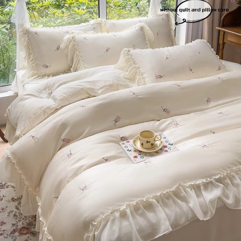 Elegant Floral Embroidery Quilt Set with Lace Edge (1 Quilt + 2 Pillowcases, No Filling) for Bedroom and Guest Rooms