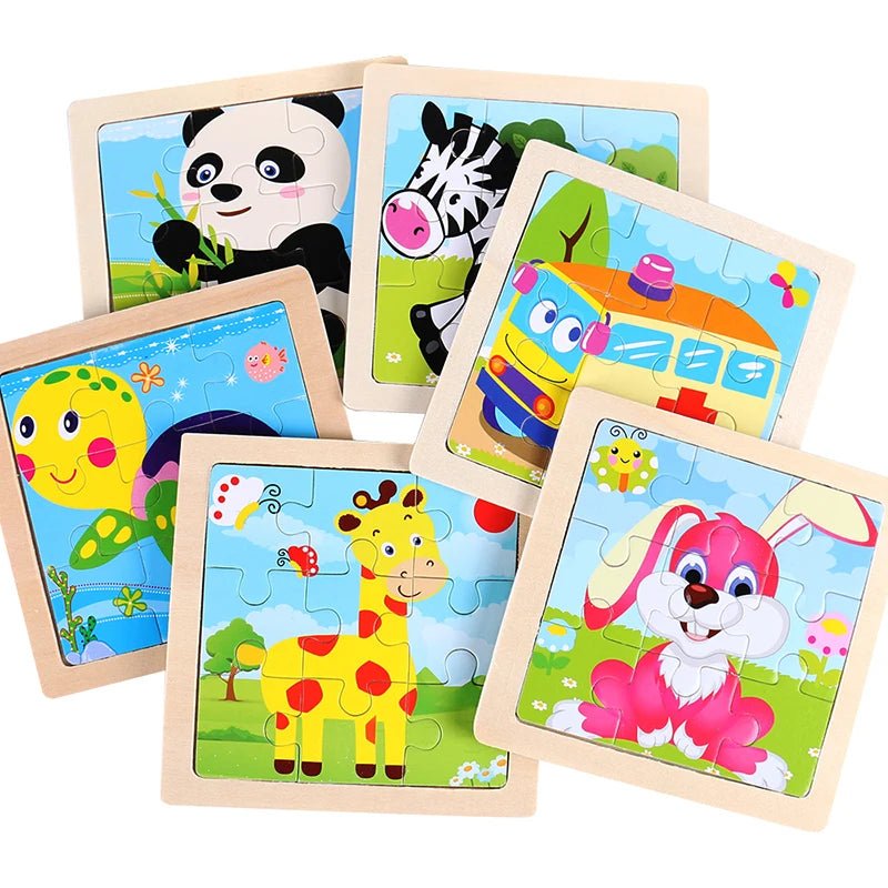 11cm Wooden Puzzle Toy for Kids with Animals and Vehicles Design - Montessori Educational Toys