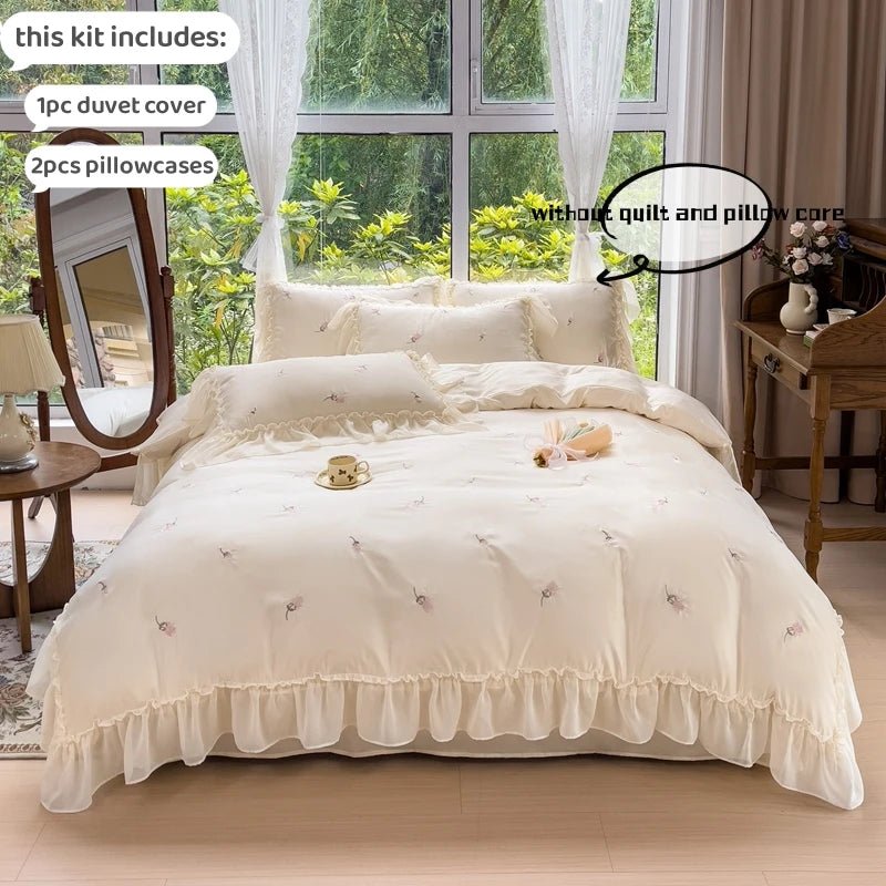 Elegant Floral Embroidery Quilt Set with Lace Edge (1 Quilt + 2 Pillowcases, No Filling) for Bedroom and Guest Rooms