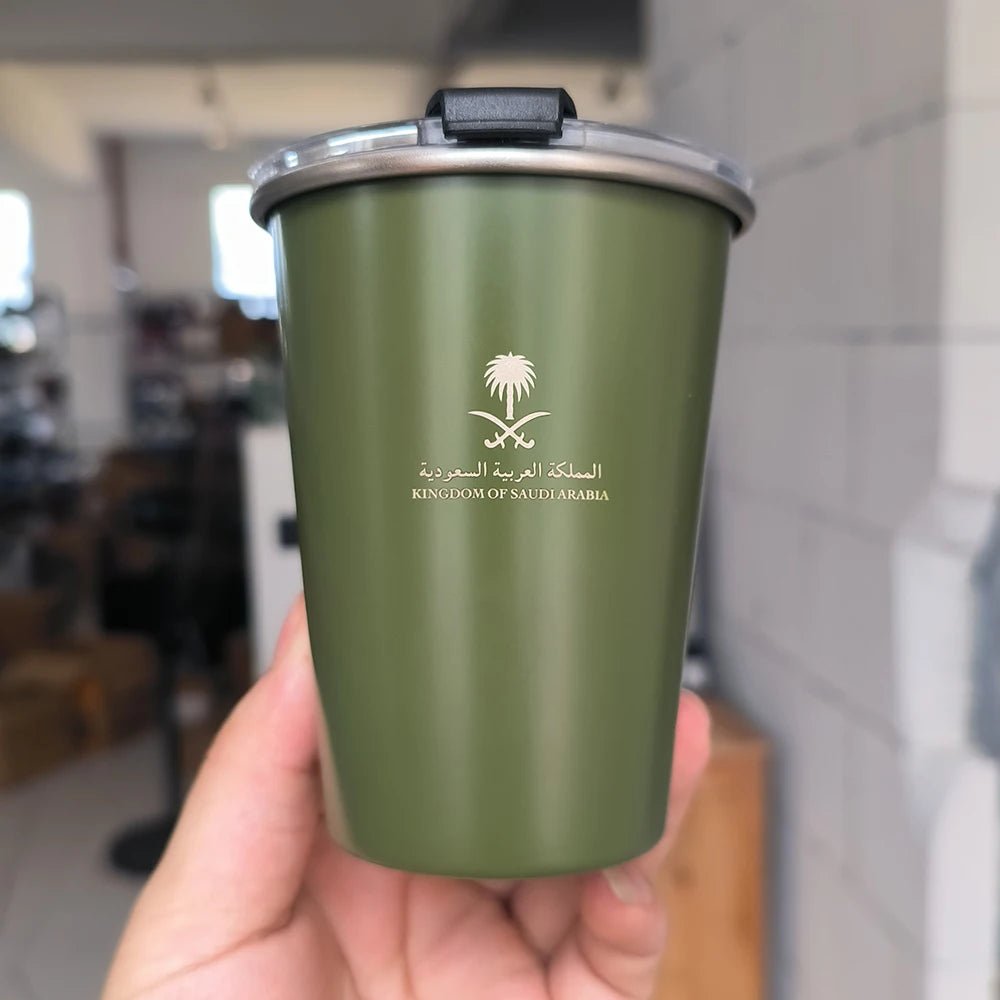 Stainless steel tea cup with lid featuring the Saudi Arabia logo
