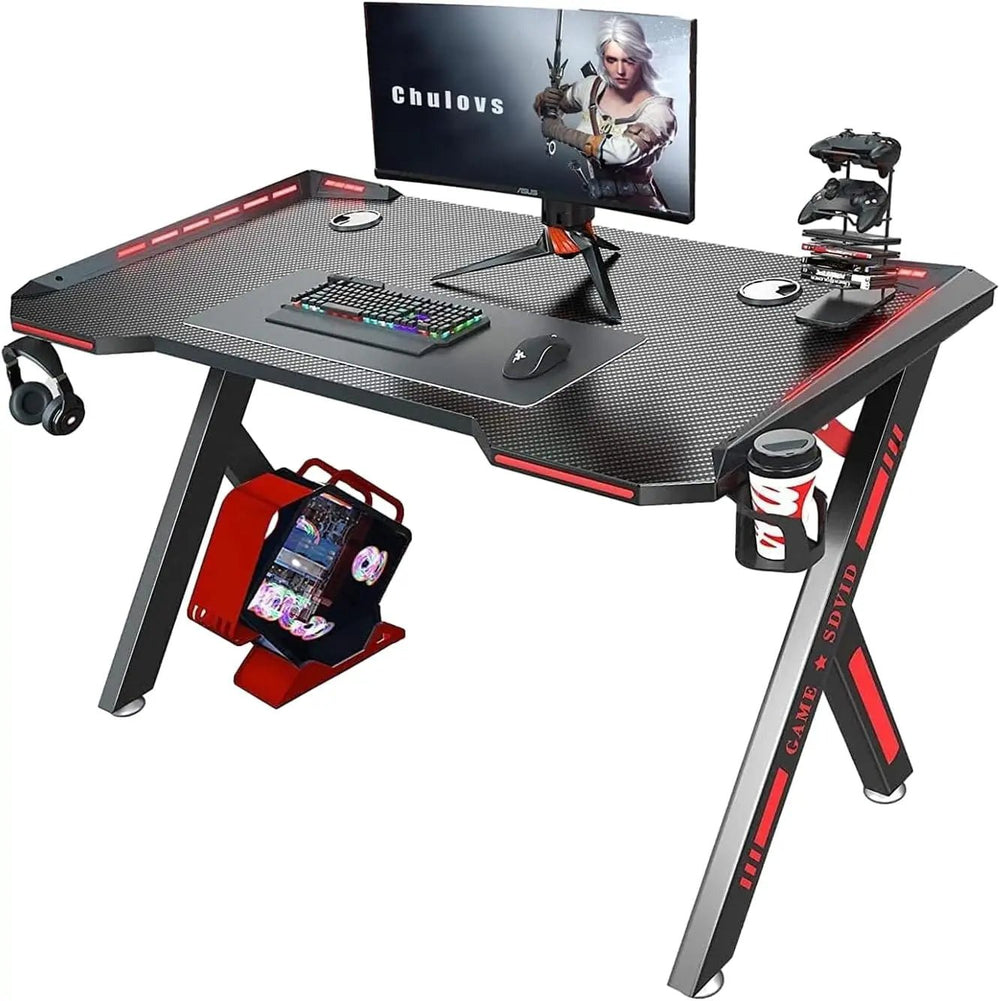 Chulovs Gaming Table with RGB LED Lighting - 120cm Y-Shaped Computer Desk with Hand Shelf for Computer Users and Home Offices