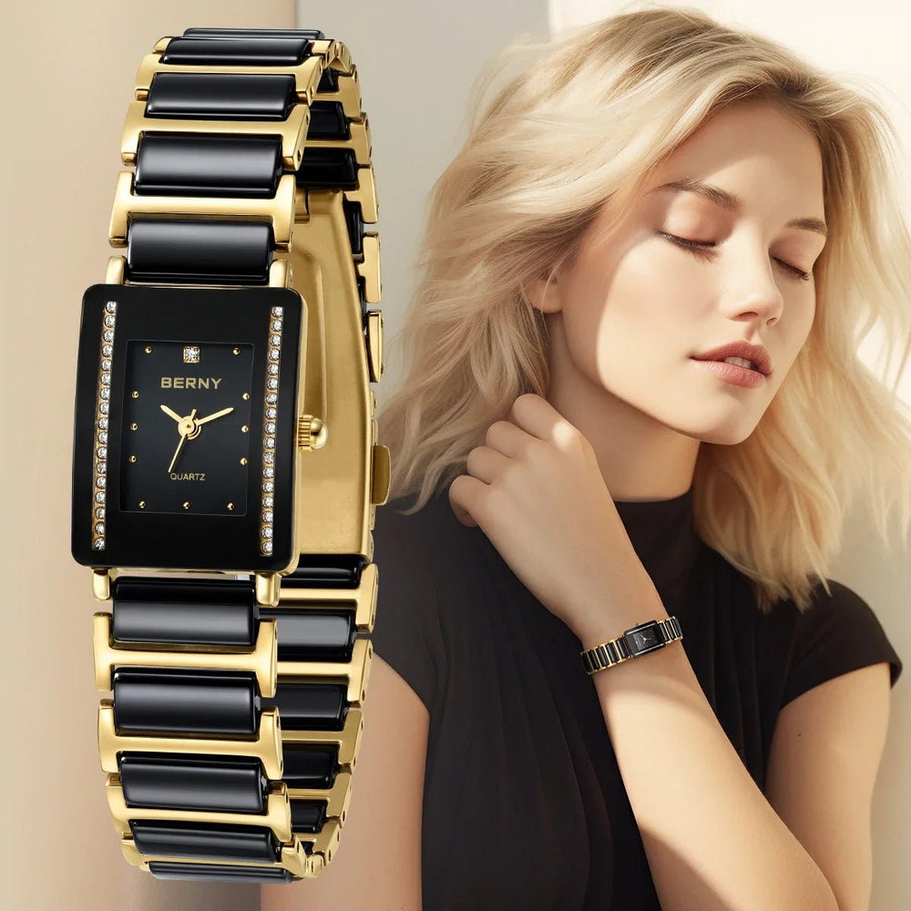 Modern Rectangular Ceramic Quartz Watch with Luxury Diamond Studded Bracelet