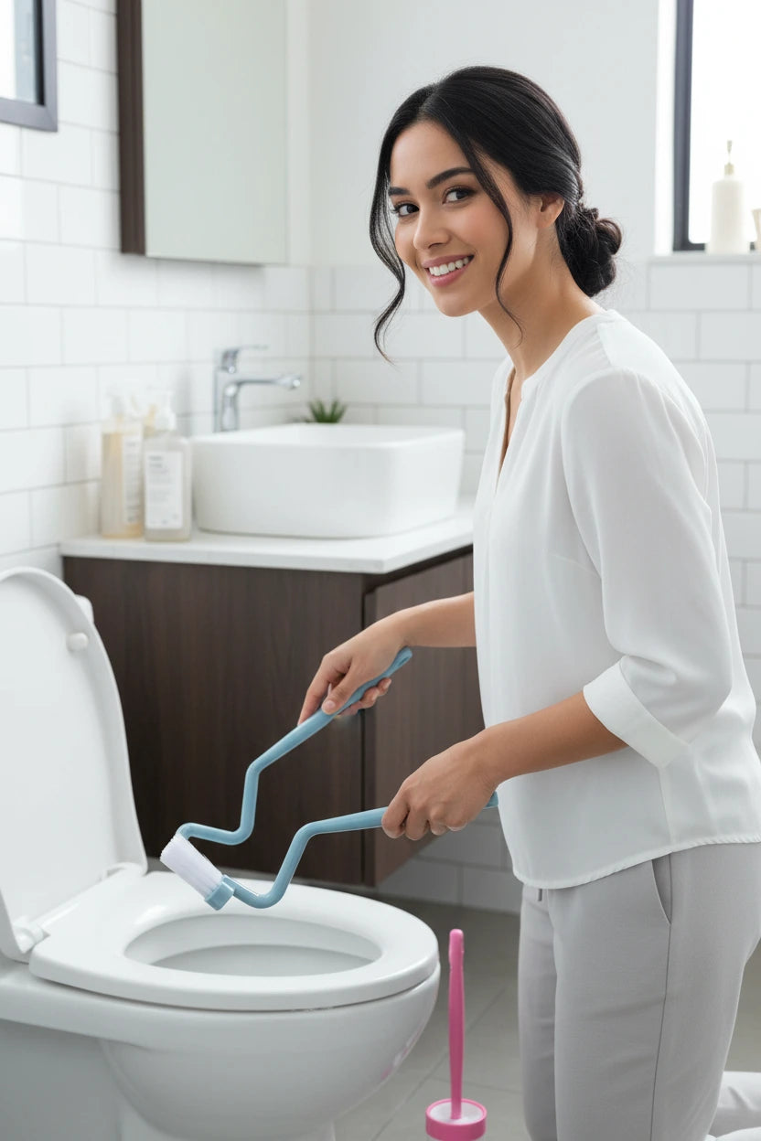 فرشاة تنظيف مرحاض بمقبض طويل وتصميم منحني