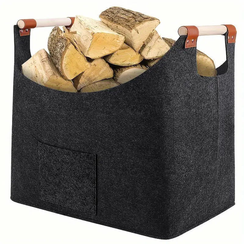 Sturdy felt firewood basket in a modern design with a pocket and handles
