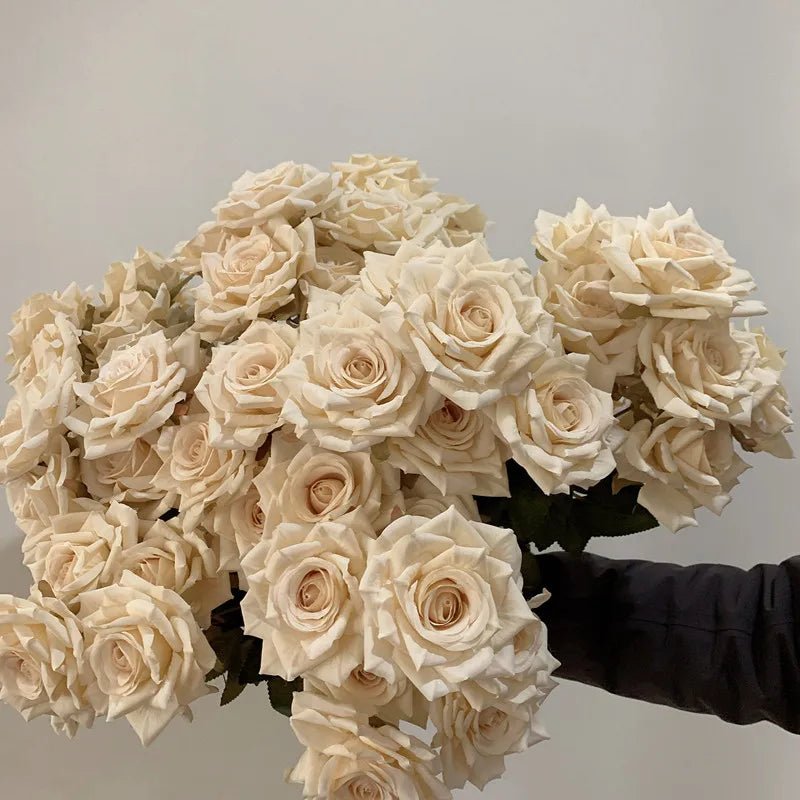 7 Heads Artificial Rose Bouquet - Beige and Ivory Roses in Vintage Design for Wedding Decoration or Home Decor