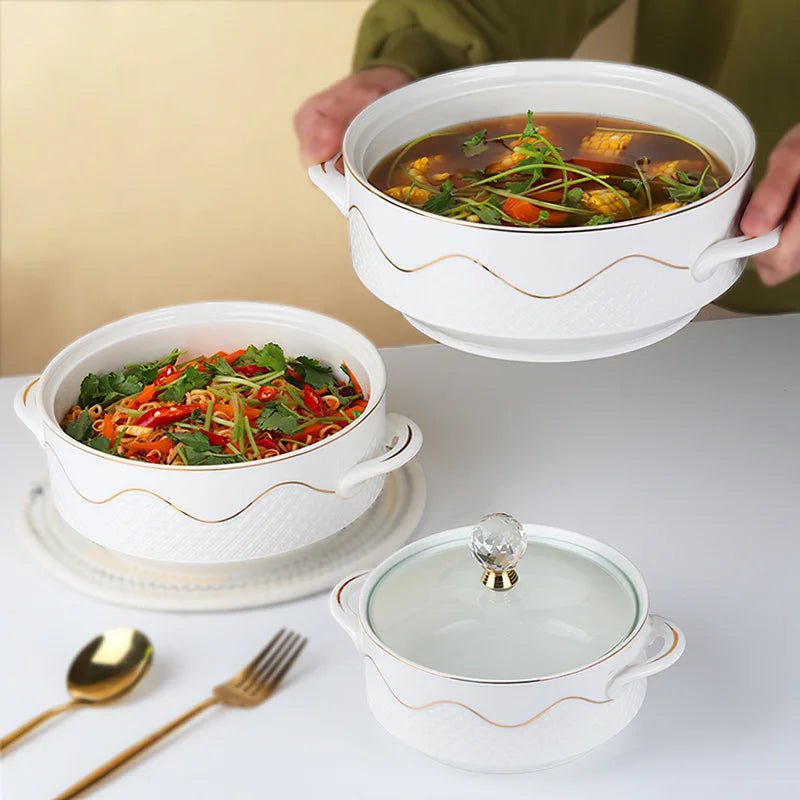 وعاء شوربة سيراميك بغطاء زجاجي أنيق