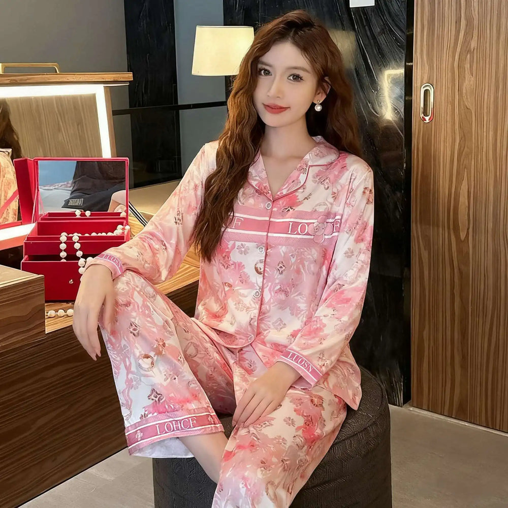 Elegant Women's Butterfly Design Pajamas, Soft Satin Pajama Set