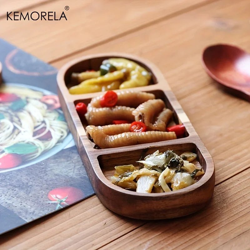 Acacia Wood Rectangular 3-Compartment Cutting Board - Japanese Dipping Plate for Breakfast and Pickled Vegetables
