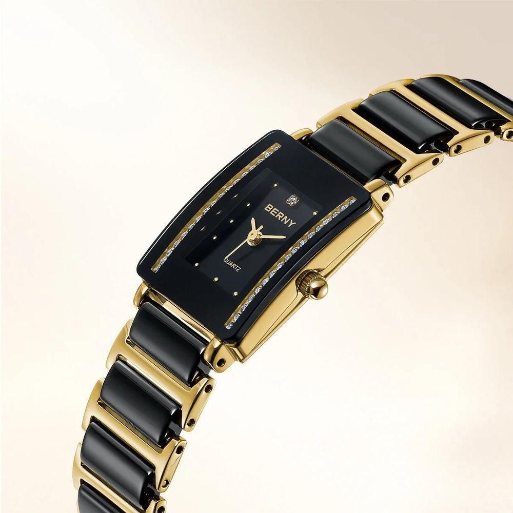 Modern Rectangular Ceramic Quartz Watch with Luxury Diamond Studded Bracelet